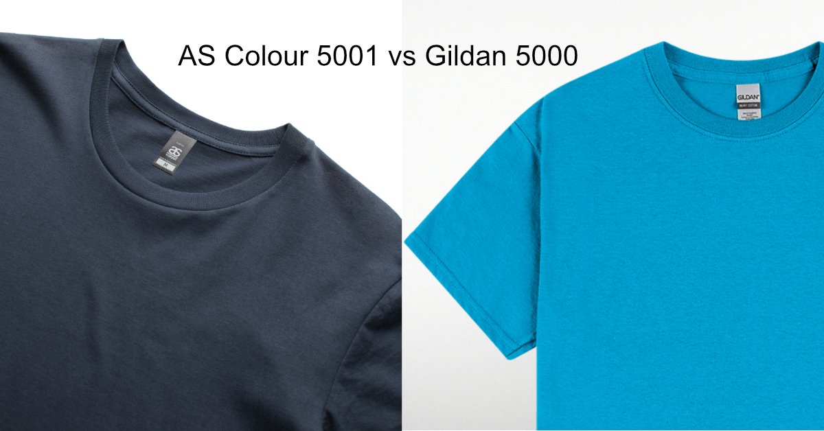 AS Colour Staple Tee and Gildan 5000 blank t-shirts side by side, wholesale Australia