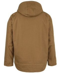 Rear view of camel hooded barn jacket showing drop tail hem and back pleats for movement