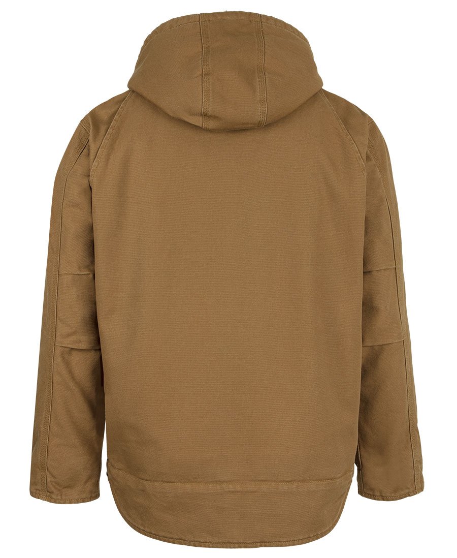 Rear view of camel hooded barn jacket showing drop tail hem and back pleats for movement